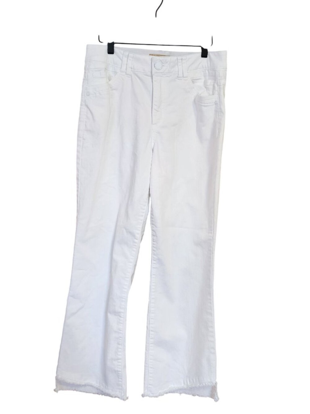 Democracy Tummy Control White Denim Jeans High Low Raw Hem Flare Womens Size 10